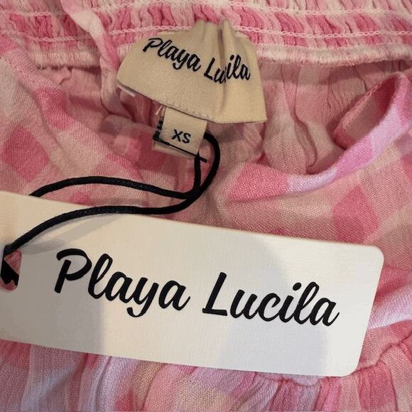 NEW! Playa Lucila Pink Check Maxi Slip Dress Smocked Elastic Back Straps Size XS - Picture 7 of 11